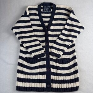 Silk Club Vintage 100% Silk Striped Cardigan Sweater‎ Navy Cream Womens Medium